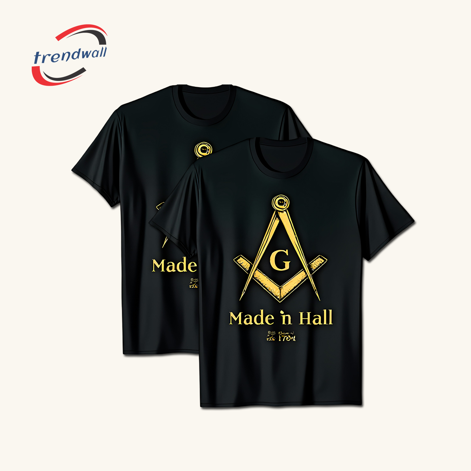 Black Masonic T-Shirt – Gold Compass & Square ‘Made in Hall’ Freemason Design