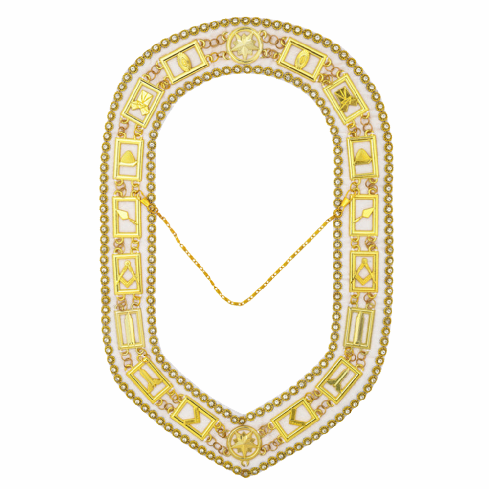Blue Lodge Chain Collar Gold Plated on White Velvet Rhinestones Braid