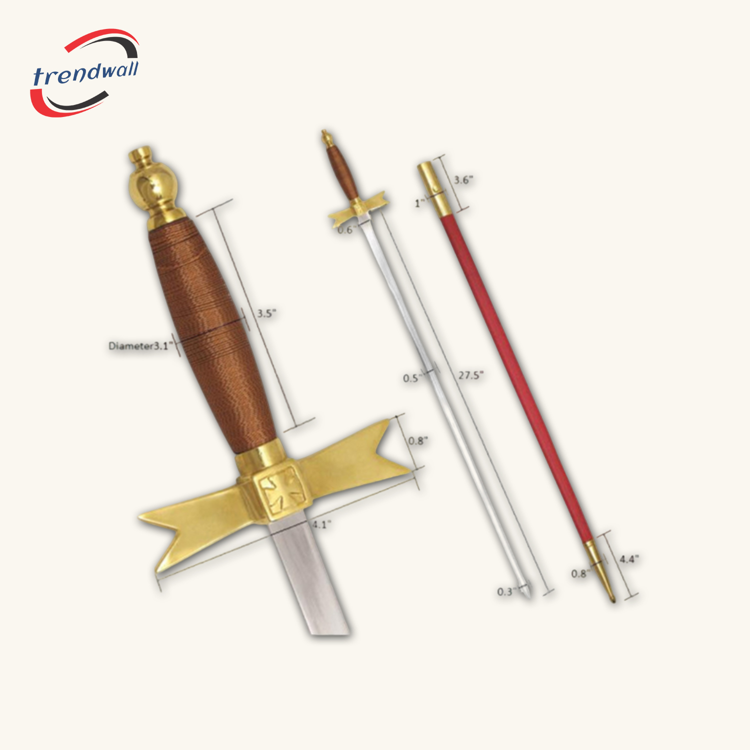 Knights Templar Commandery Sword - Brown Hilt with Red Scabbard