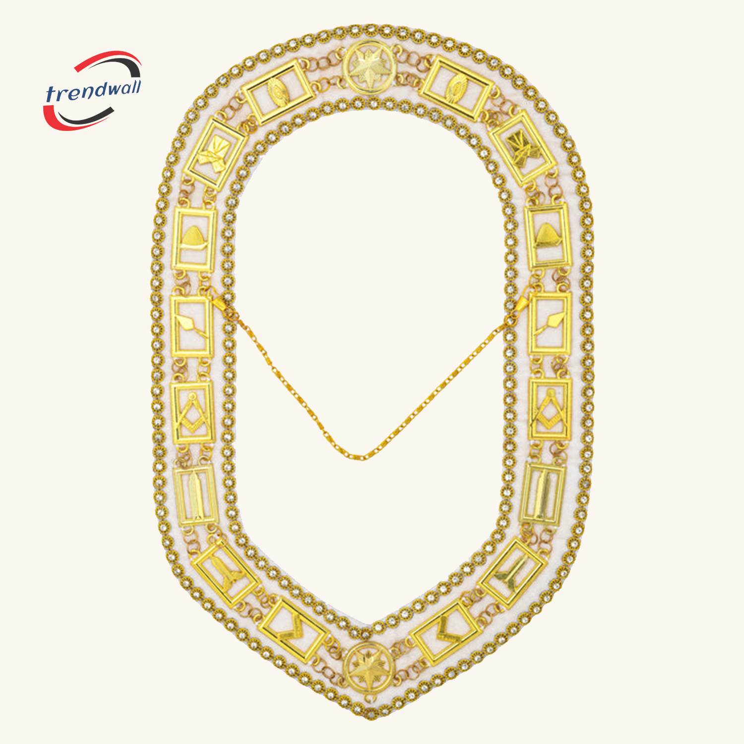 Blue Lodge Chain Collar Gold Plated on White Velvet Rhinestones Braid