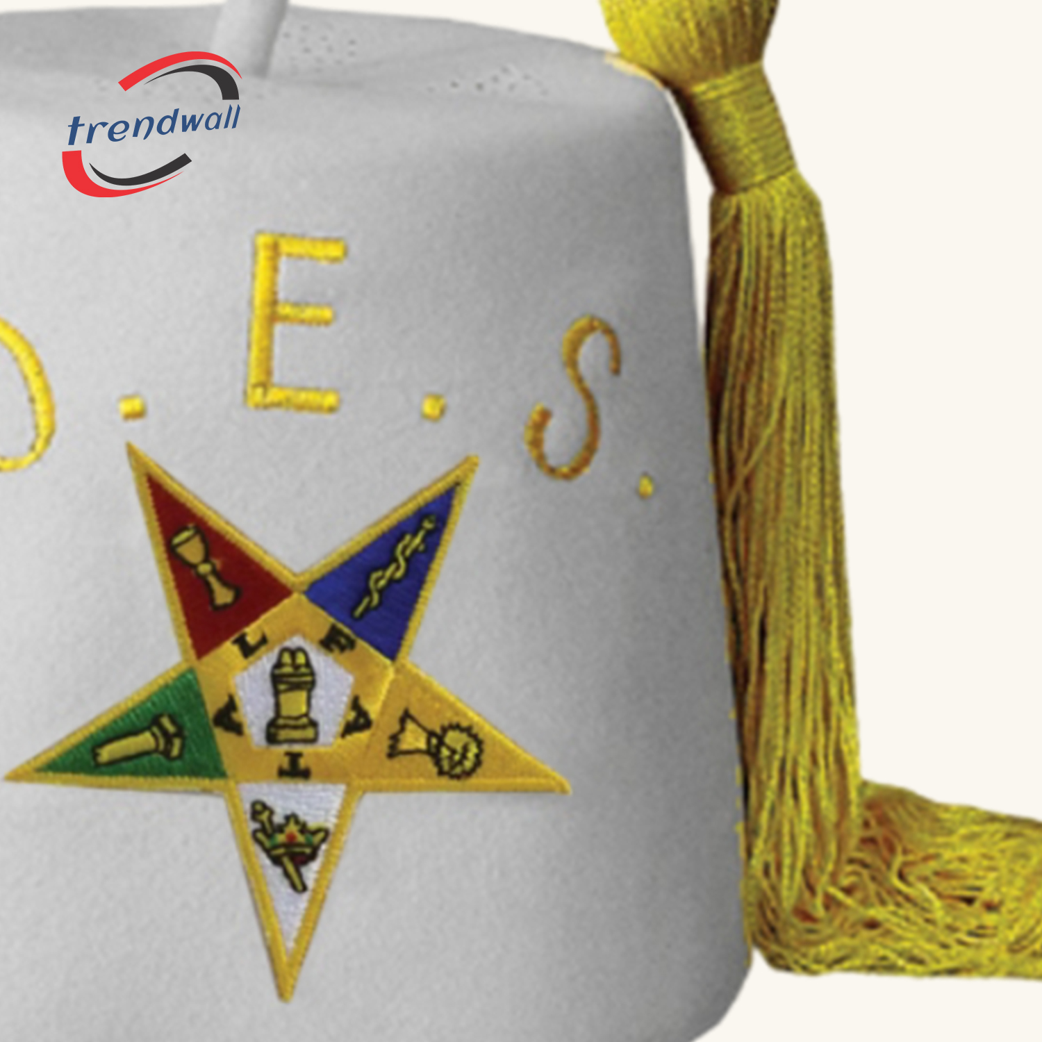 OES White Fez with Yellow Silk Hand Embroidery & Yellow Tassel