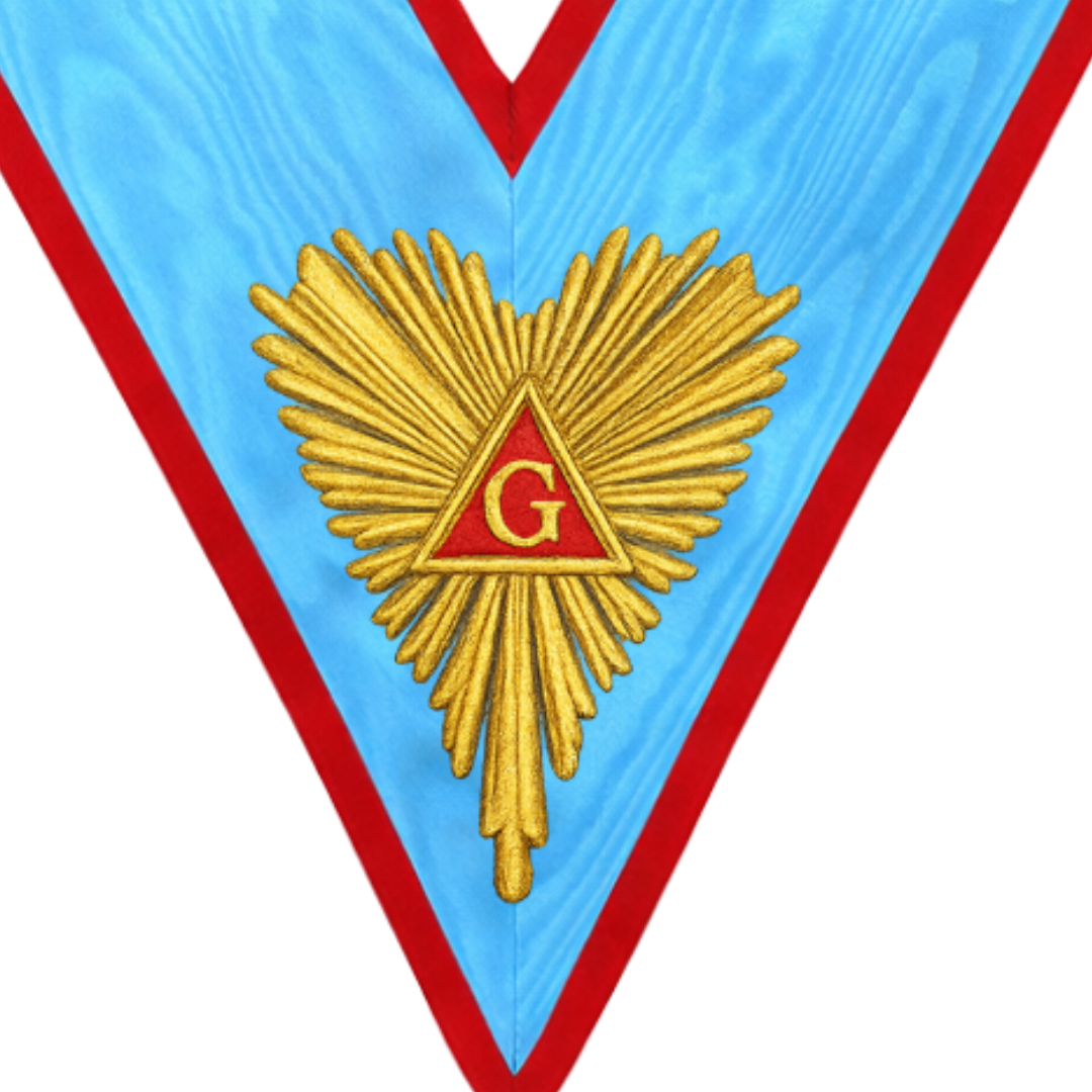 Officer Memphis Misraim French Regulation Collar in sky blue moiré, featuring fine hand embroidery for Masonic rituals.