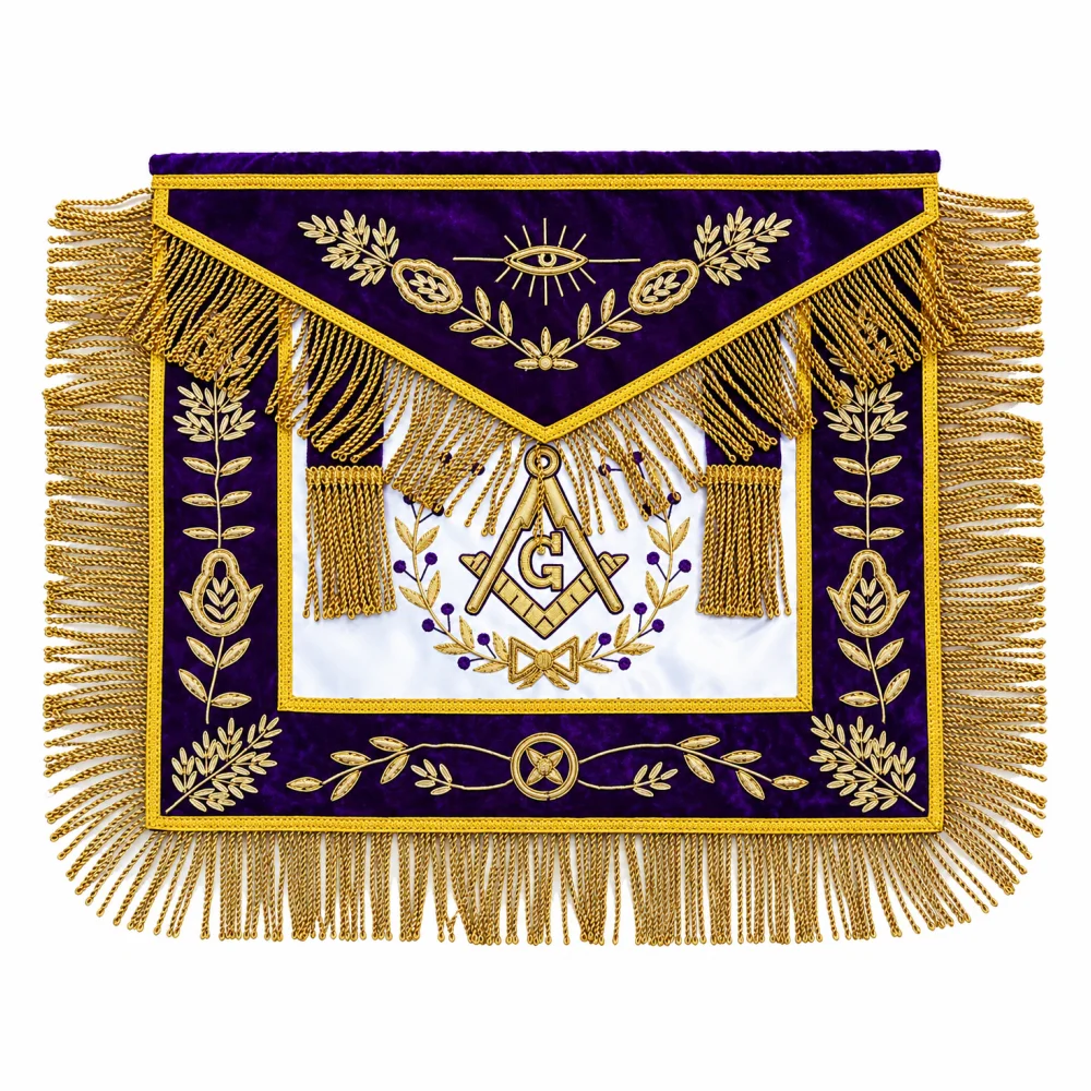 Master Mason Blue Lodge Apron - White Satin & Purple with Gold Fringe