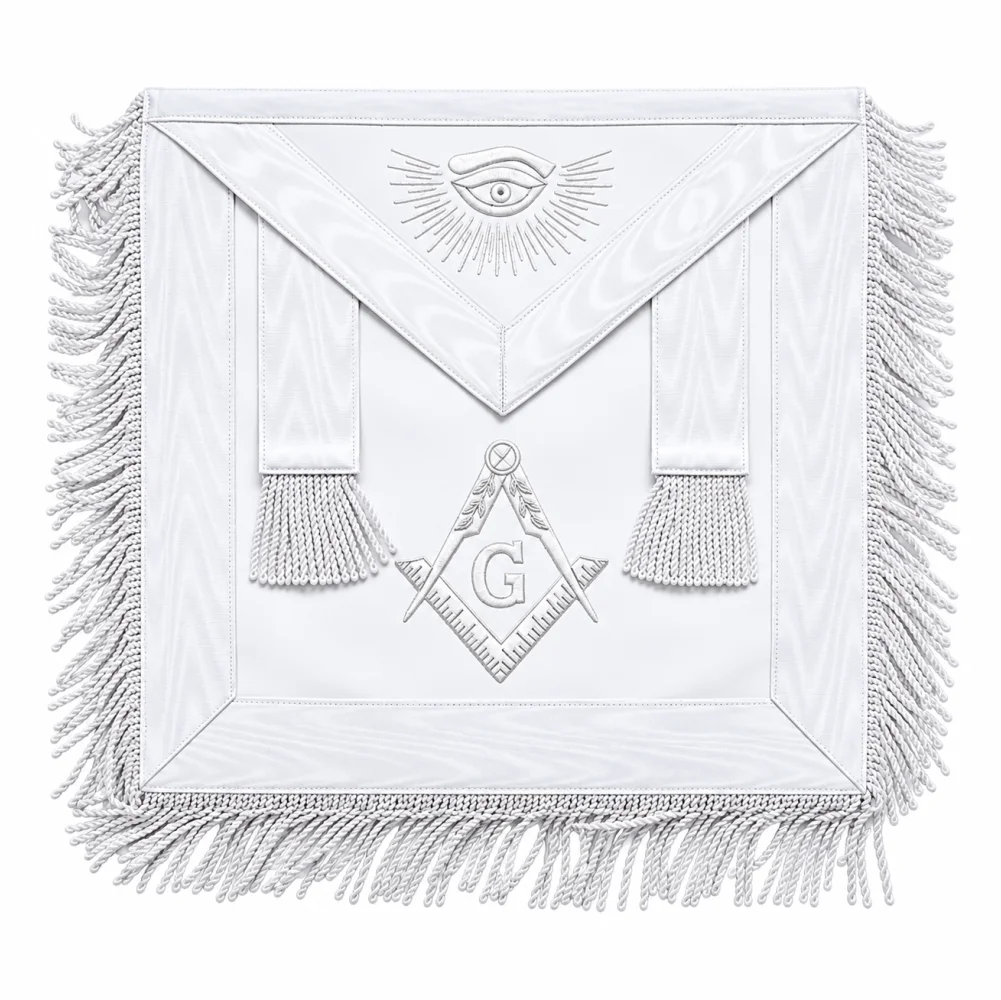 Master Mason Blue Lodge Apron - White Hand Embroidery + Moire Border