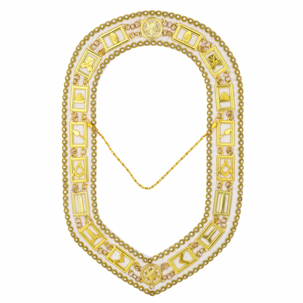 Blue Lodge Chain Collar Gold Plated on White Velvet Rhinestones Braid