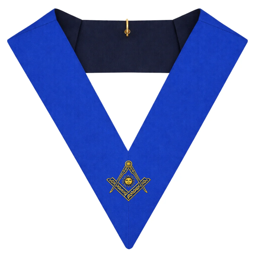 Senior Deacon Blue Lodge Collar – Royal Blue Ribbon with Machine Embroidery