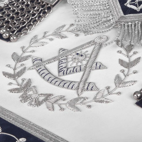 Grand Past Master Blue Lodge Apron - Blue Velvet + Silver Rayon Fringe