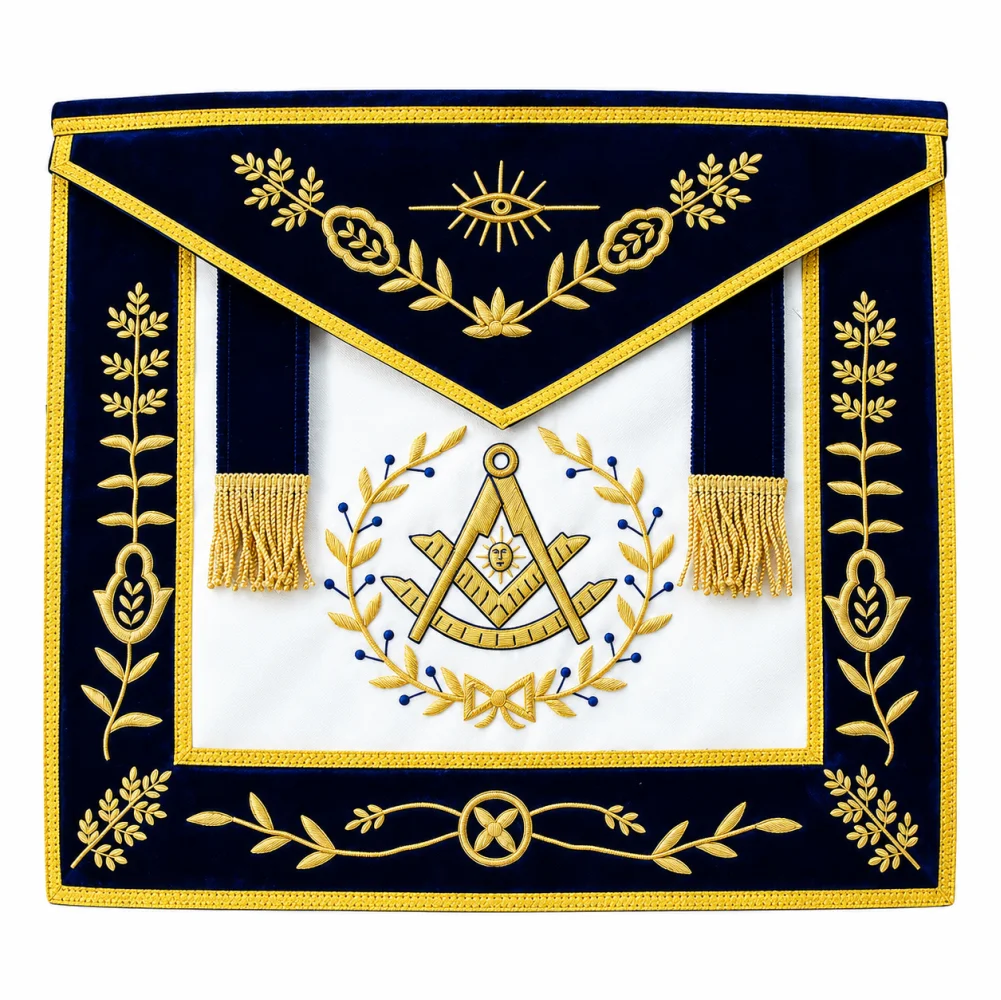 Past Master Blue Lodge Apron - Blue Velvet with Side Tabs & Gold Braid
