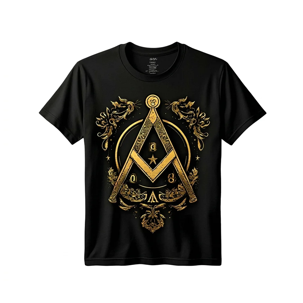 Black Freemason shirt with gold Square and Compasses and All-Seeing Eye Masonic symbolism.