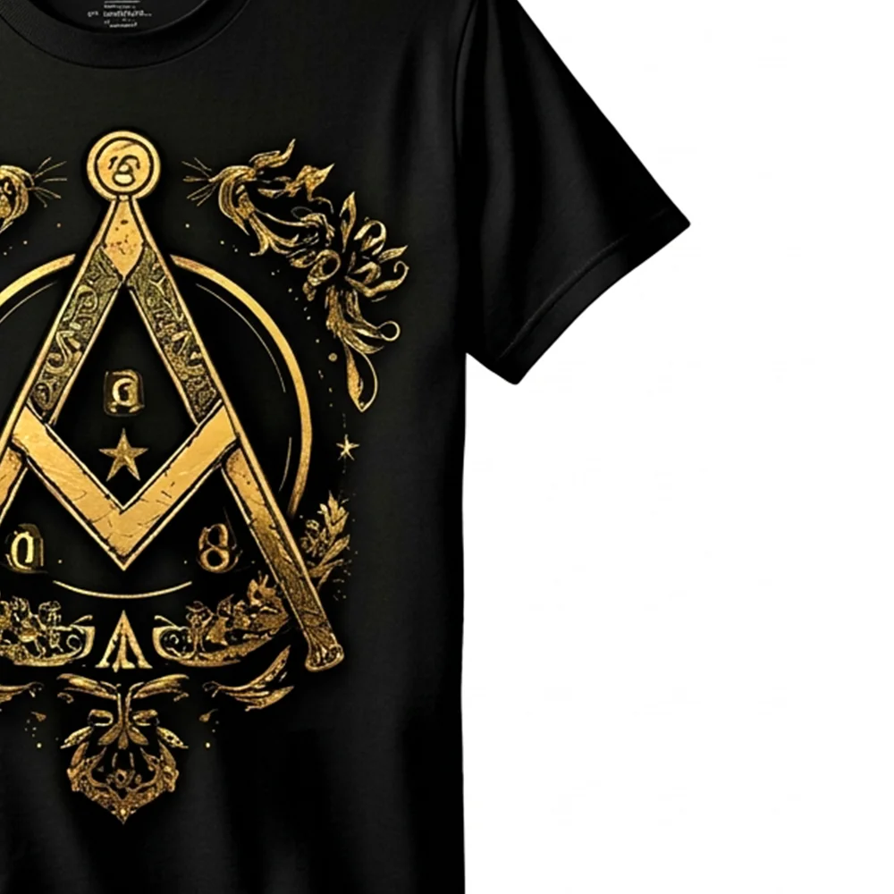 Personalized black Masonic T-shirt with gold All-Seeing Eye and Compass and Square design.