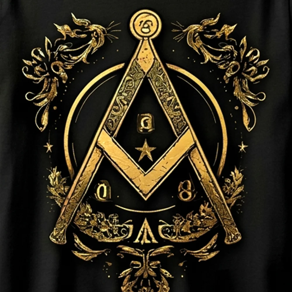Close-up of gold All-Seeing Eye, Square, and Compass artwork on a black Masonic T-shirt.
