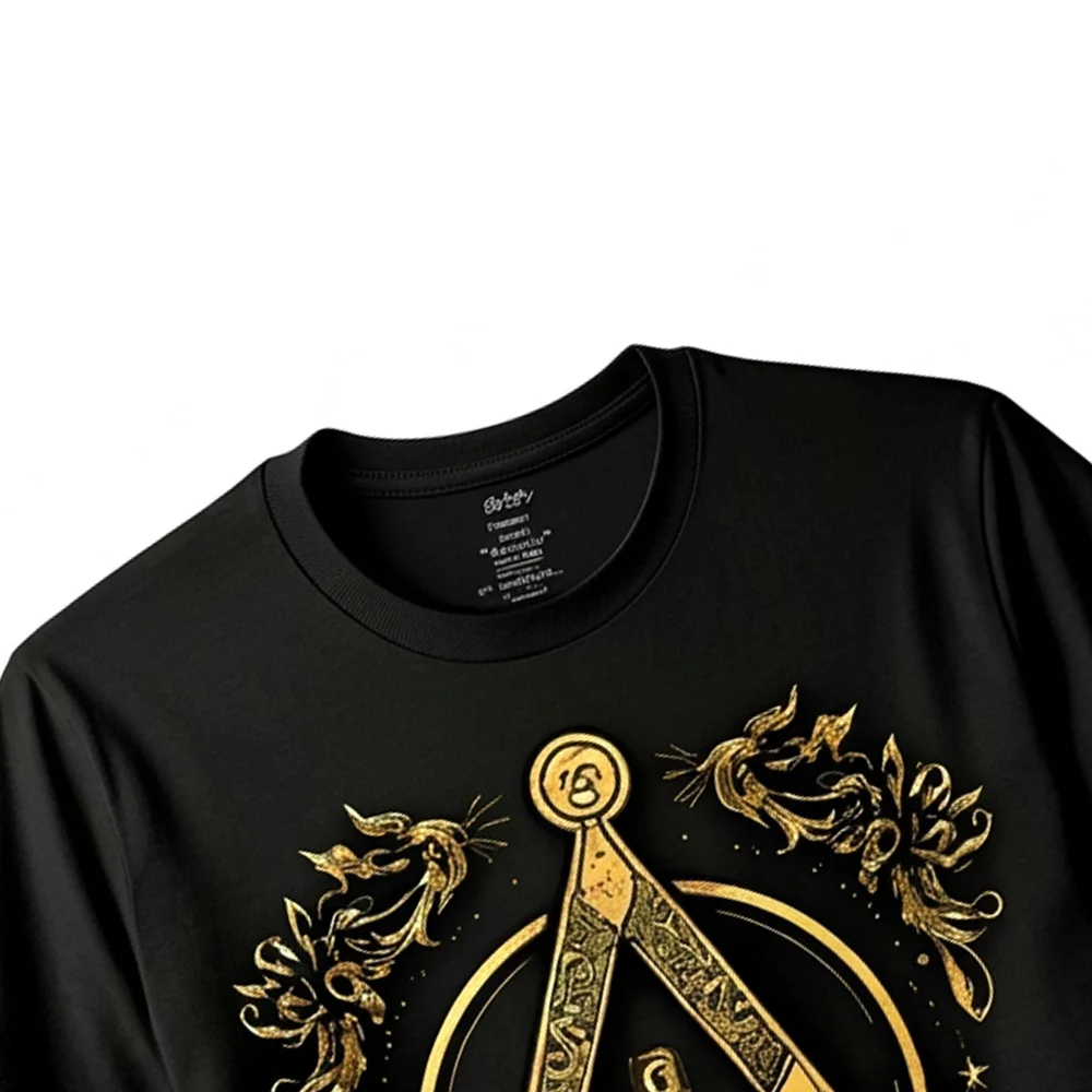 Custom black Masonic lodge T-shirt featuring a gold Compass and Square with All-Seeing Eye artwork.