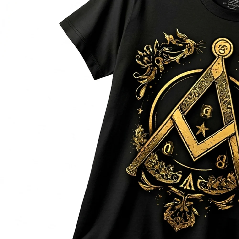 Black Freemason graphic T-shirt with gold All-Seeing Eye and Square and Compasses design.