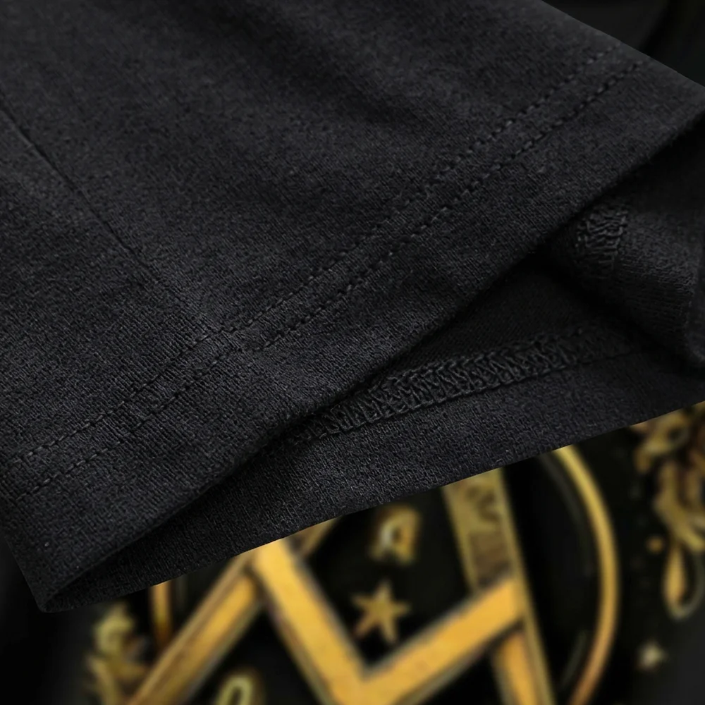 Black Masonic lodge shirt with gold All-Seeing Eye and Square and Compasses print for Freemason gatherings.