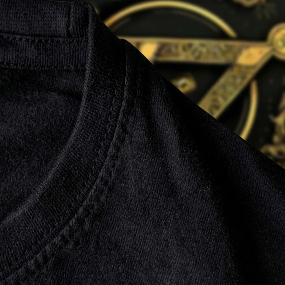Black Masonic T-shirt with gold Square and Compass and All-Seeing Eye design for Freemasons and gift buyers.