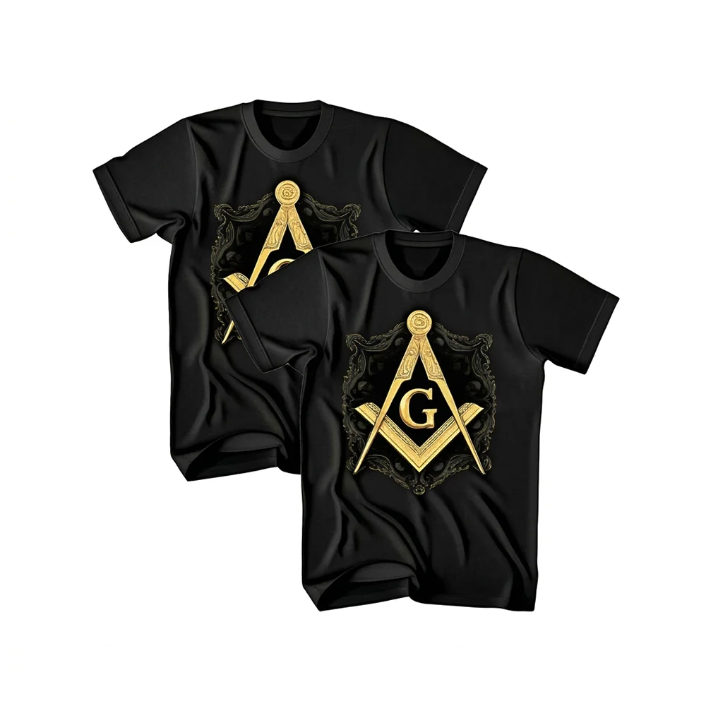 Black Masonic T-shirt with golden Square and Compass G symbol and personalized lodge name or custom name print.