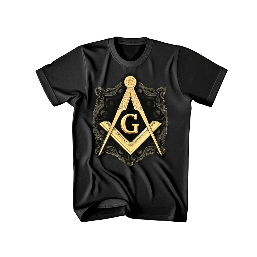 Black Freemason T-shirt featuring a golden Square and Compass G Masonic emblem on the front.