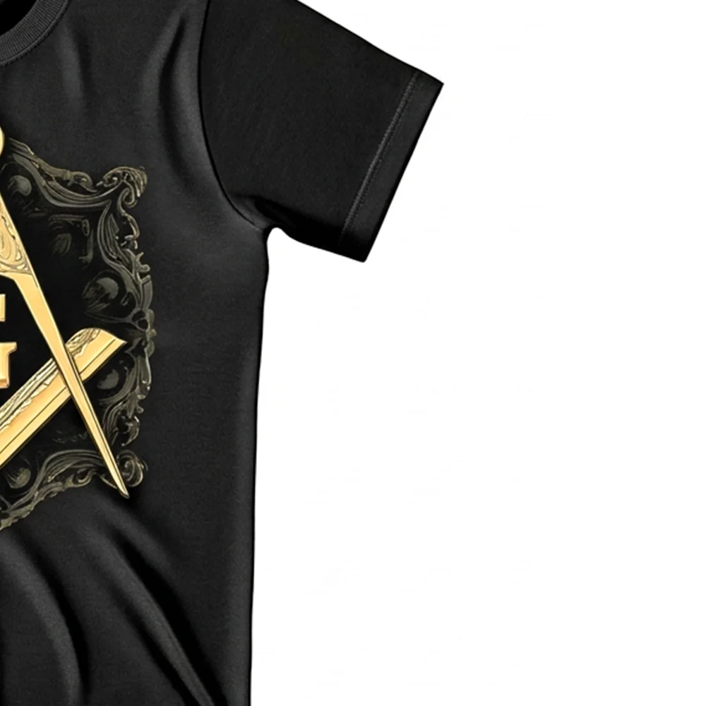 Black Masonic lodge T-shirt with golden Square and Compass G symbol and custom lodge name print.