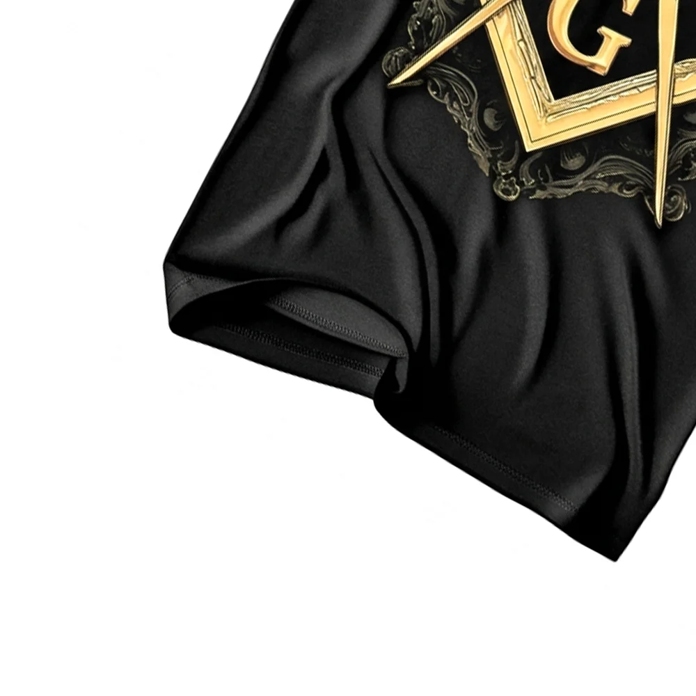 Black Masonic graphic tee with golden Square and Compass G symbolism for Freemasons and lodge members.