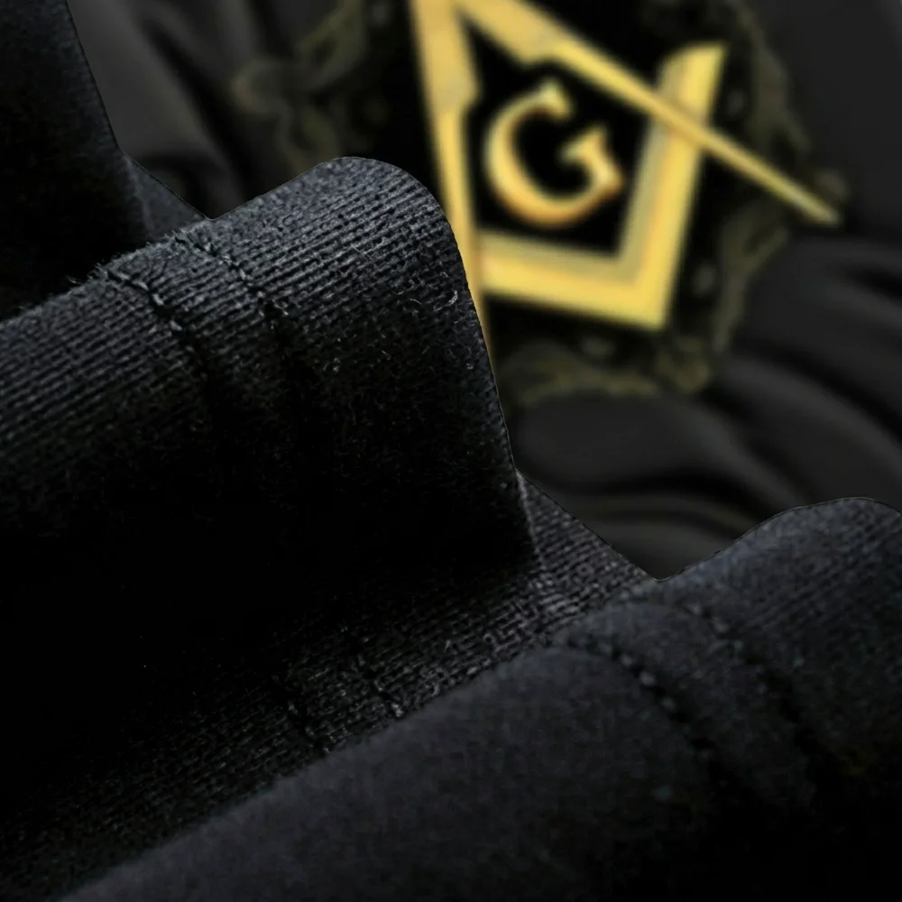Personalized black Freemason T-shirt with golden Square and Compass G symbol for Masonic gift giving.