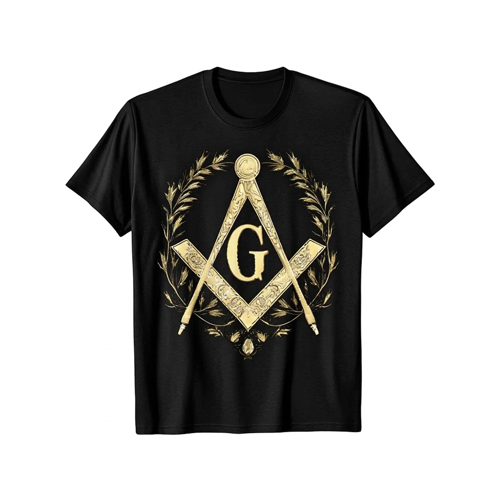 Freemason T-shirt with a gold Square and Compass Masonic emblem on a classic everyday shirt.