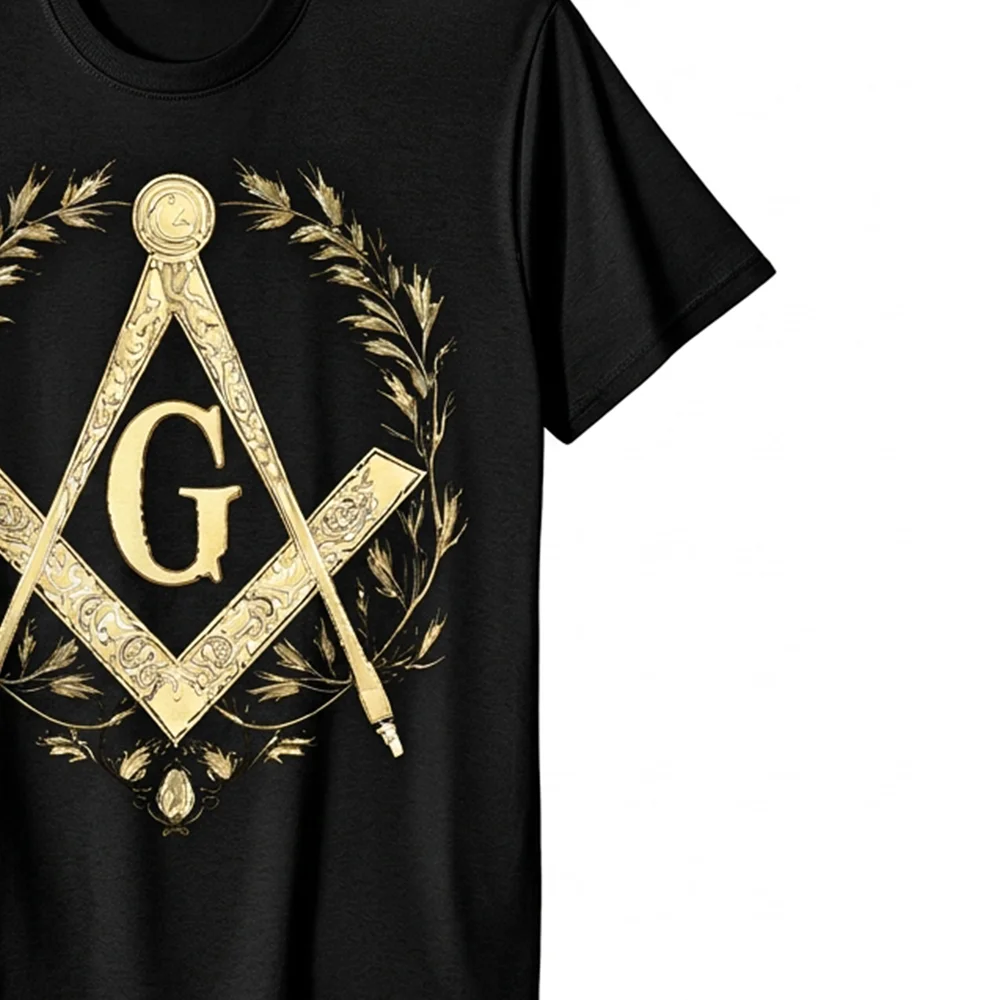 Personalized Masonic T-shirt with gold Square and Compass artwork and custom name printing.