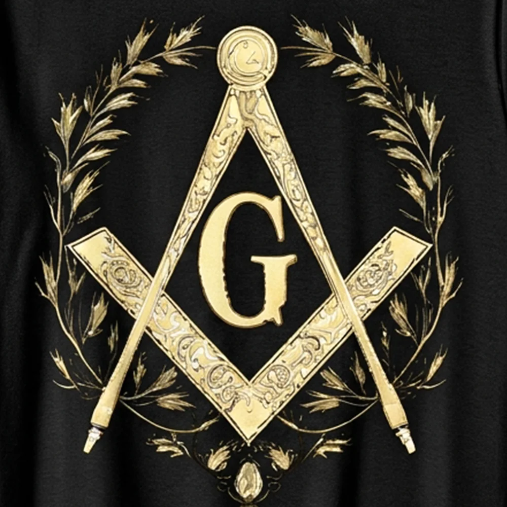 Close-up of the gold Square and Compass Freemasonry symbol on a Masonic graphic T-shirt.