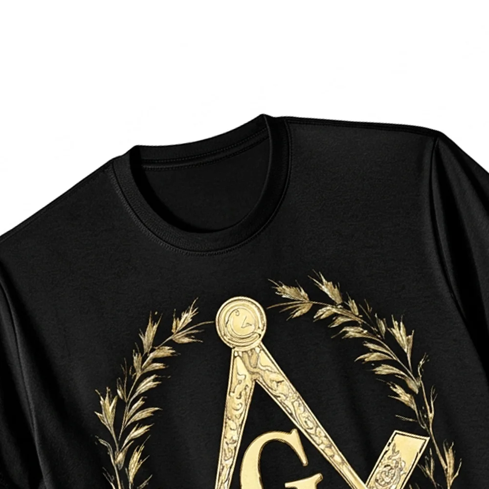 Custom Masonic lodge T-shirt featuring a gold Square and Compass symbol and personalized lodge name.