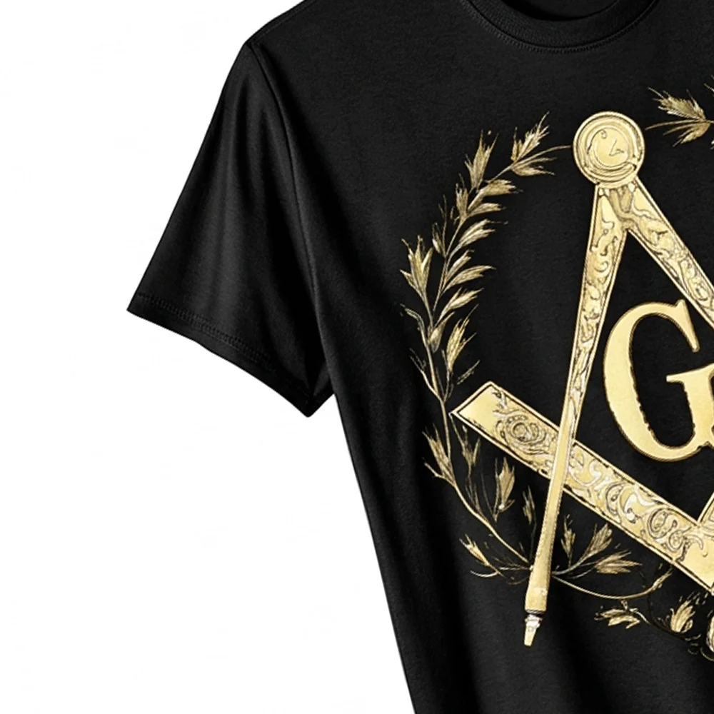 Masonic graphic T-shirt with gold Square and Compass symbol designed for everyday casual wear.