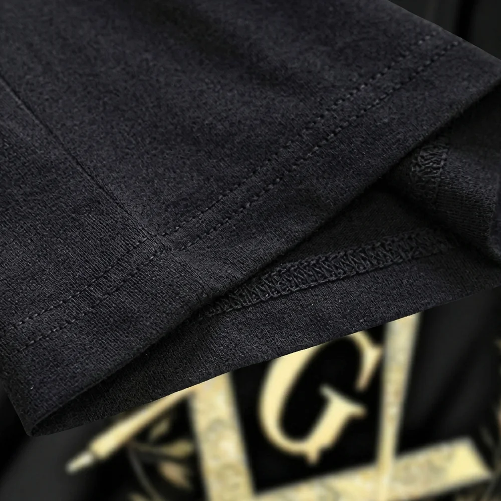 Masonic lodge T-shirt with gold Square and Compass print for Freemason meetings and social gatherings.
