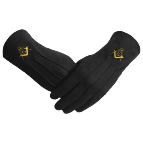 Master Mason Blue Lodge Gloves - Embroidery, Gold Emblem Black Cotton