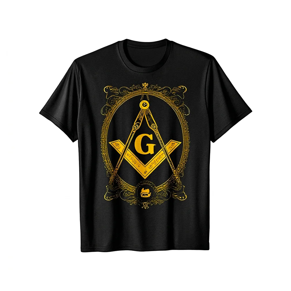 Black Freemason T-shirt with a golden Square and Compass Masonic symbol printed on the front.