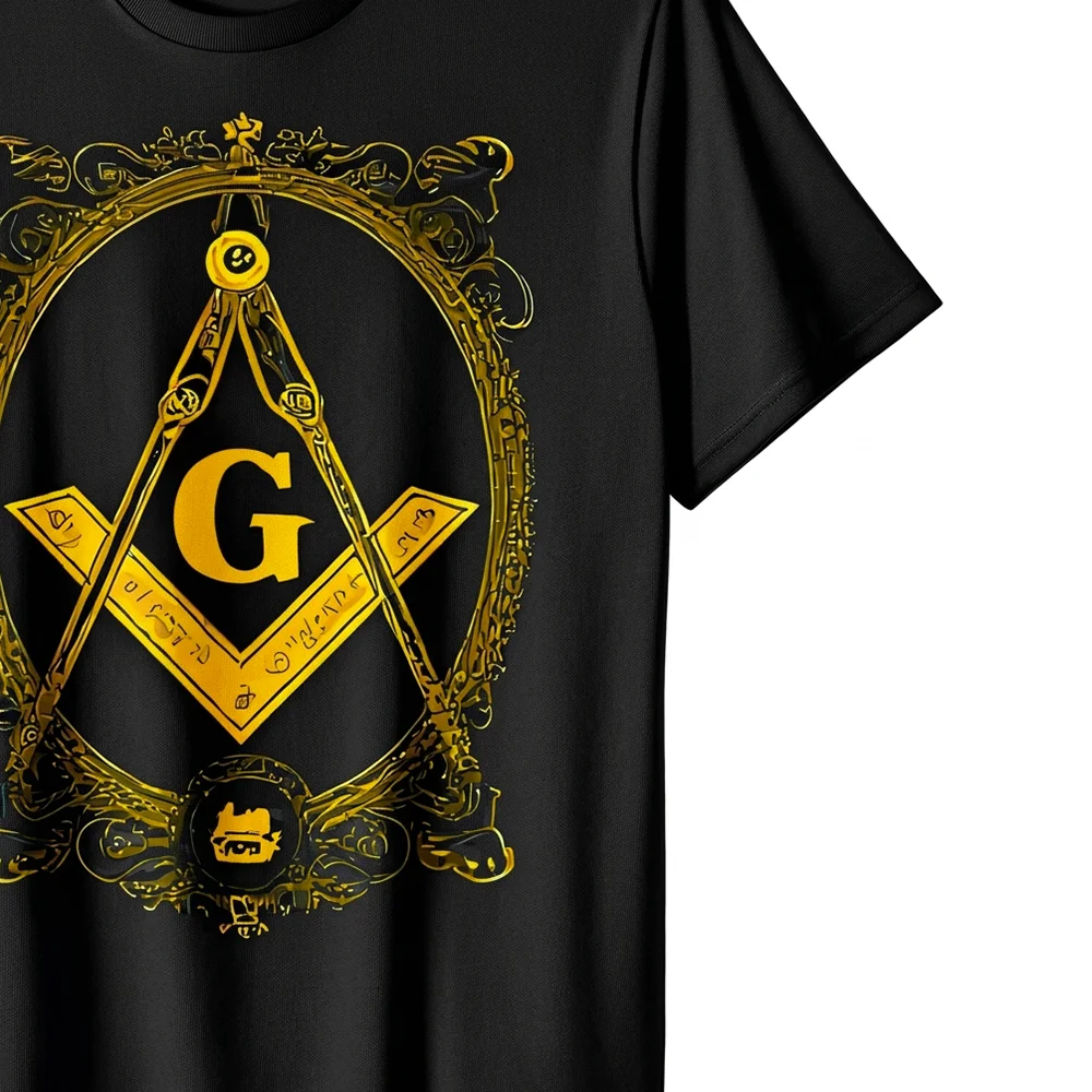 Personalized black Masonic T-shirt with gold Square and Compass artwork and custom name print.