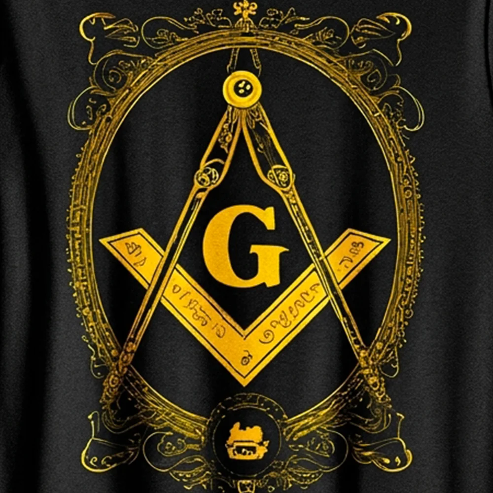 Close-up of the gold Square and Compass Freemasonry symbol on a black graphic T-shirt.