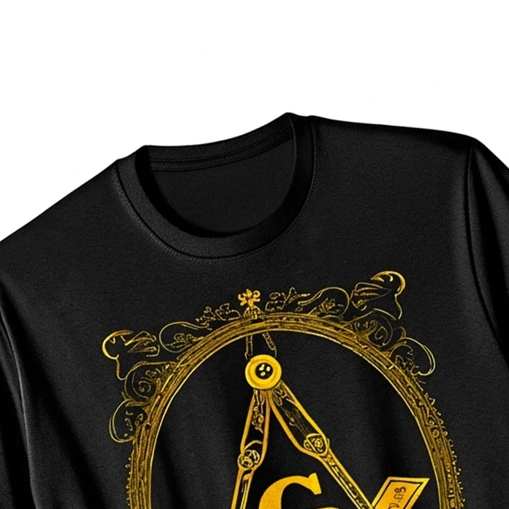 Custom black Masonic lodge T-shirt featuring a gold Square and Compass symbol with personalized lodge lettering.
