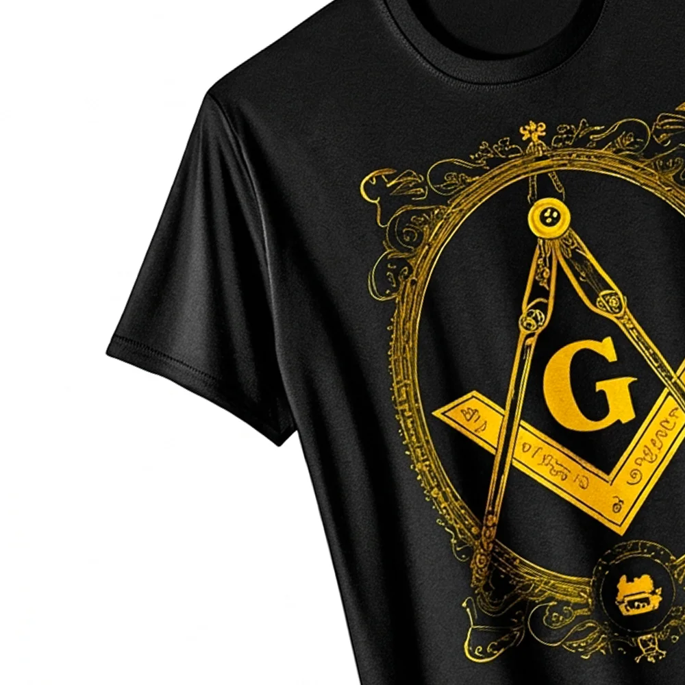Black Freemason graphic T-shirt with gold Square and Compass symbolism for Masonic members and enthusiasts.