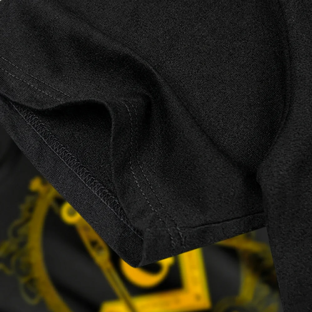 Custom black Masonic T-shirt with gold Square and Compass design for personalized Freemason gifts.