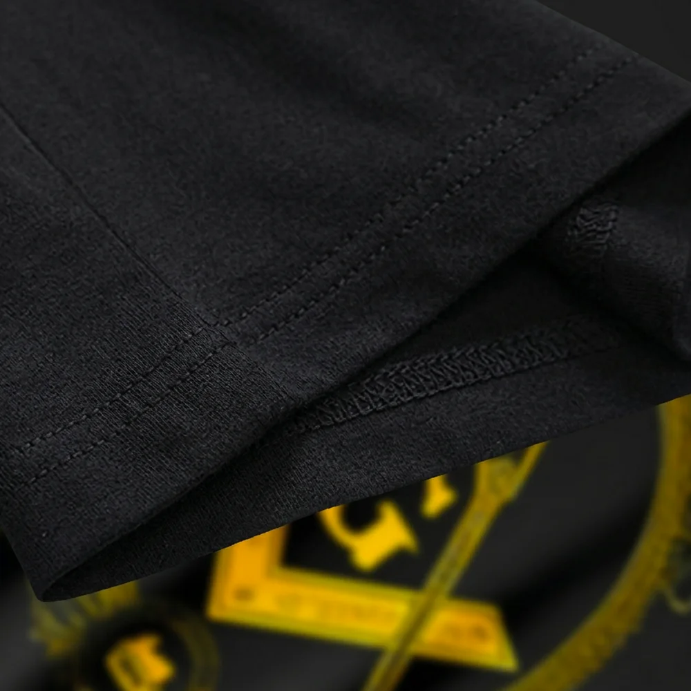 Black Masonic lodge shirt with gold Square and Compass print for Freemason meetings and social gatherings.
