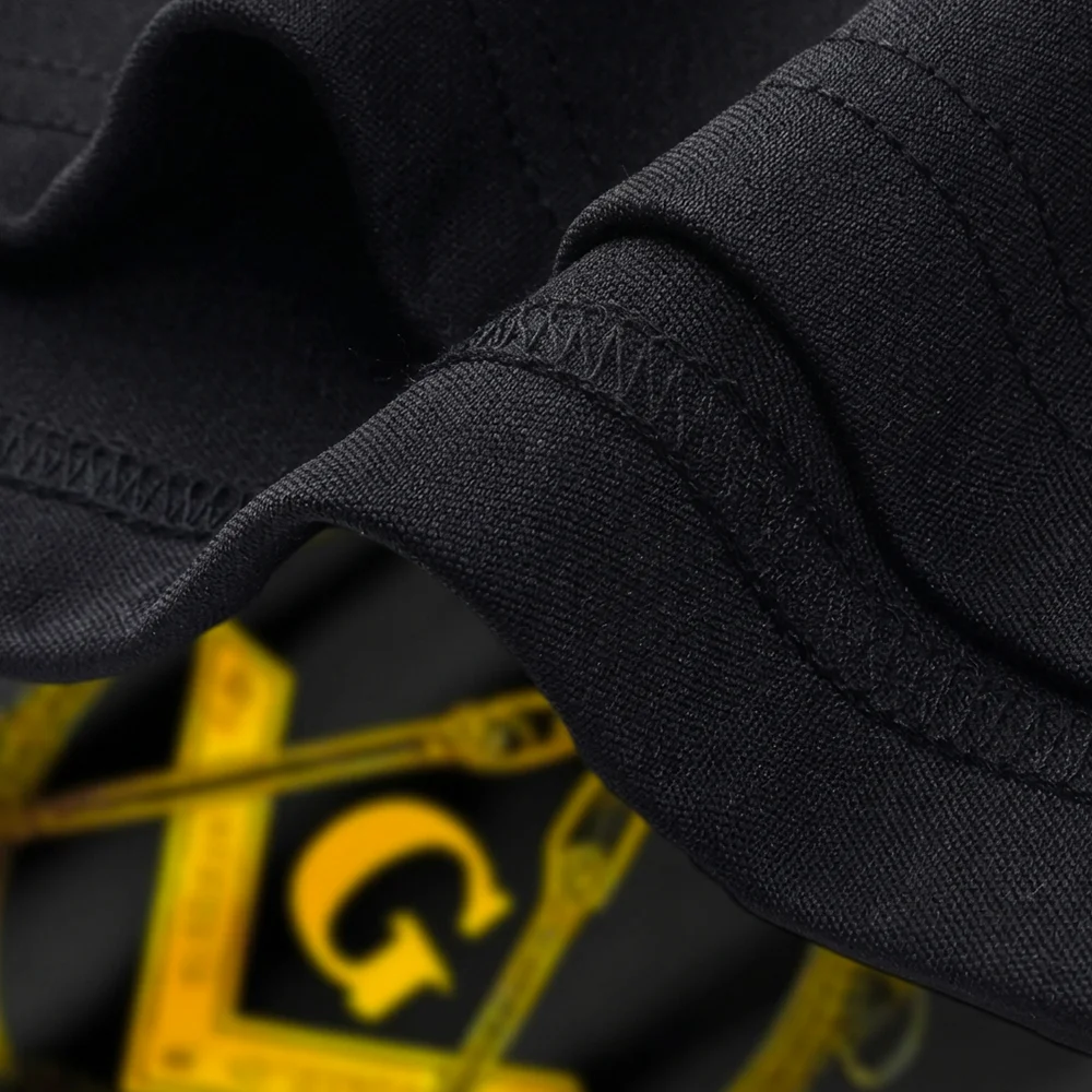 Black Masonic graphic shirt featuring a gold Square and Compass symbol with customizable lodge name or personal text.