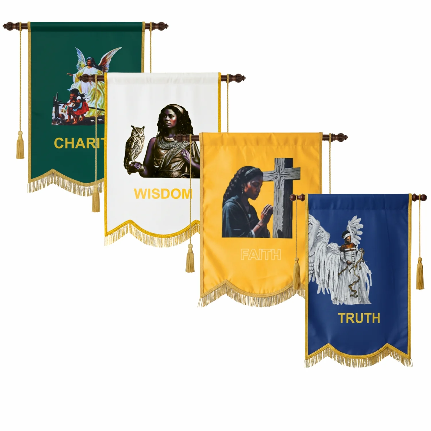 Faith, Charity, Truth, Wisdom Order Of The Amaranth 4 Banners Set Printed With Gold Braid & Fringe