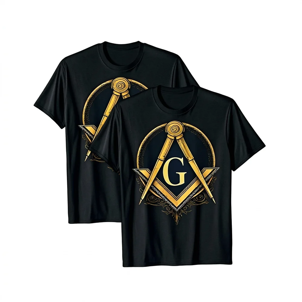 Black Masonic T-Shirt – Gold Square & ‘G’ Symbol Freemason Design - Custom Lodge or Name