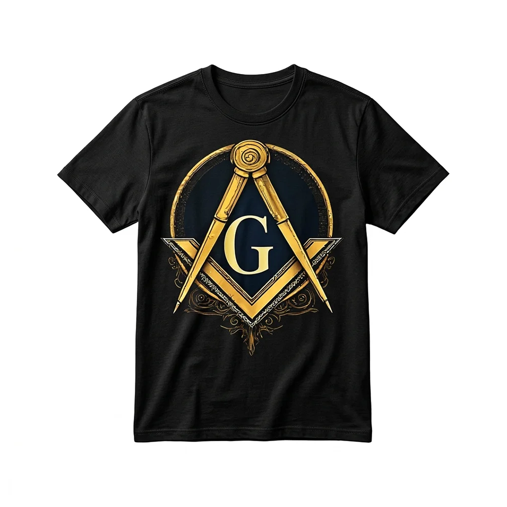 Black Freemason shirt featuring a gold Masonic Square and G symbol graphic on the front.