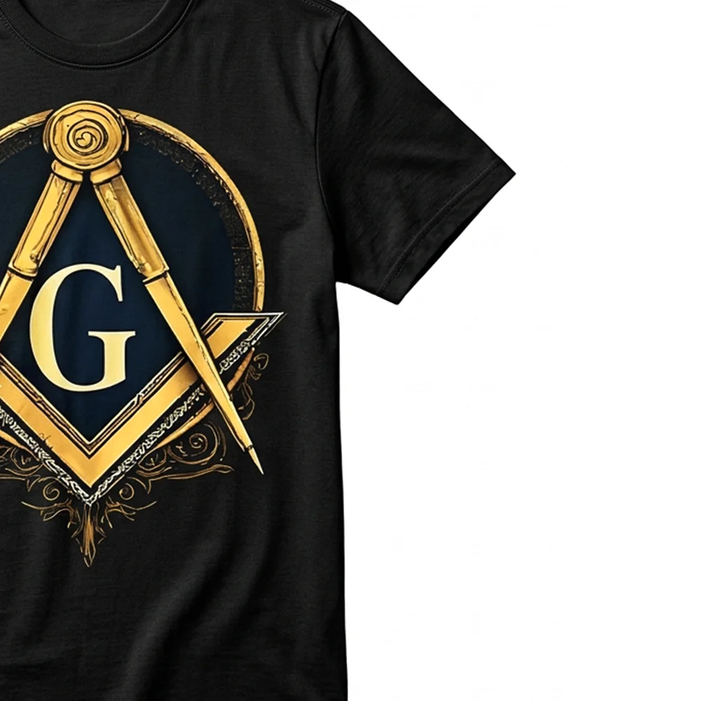 Personalized black Masonic T-shirt with gold Square and G artwork and custom name print.