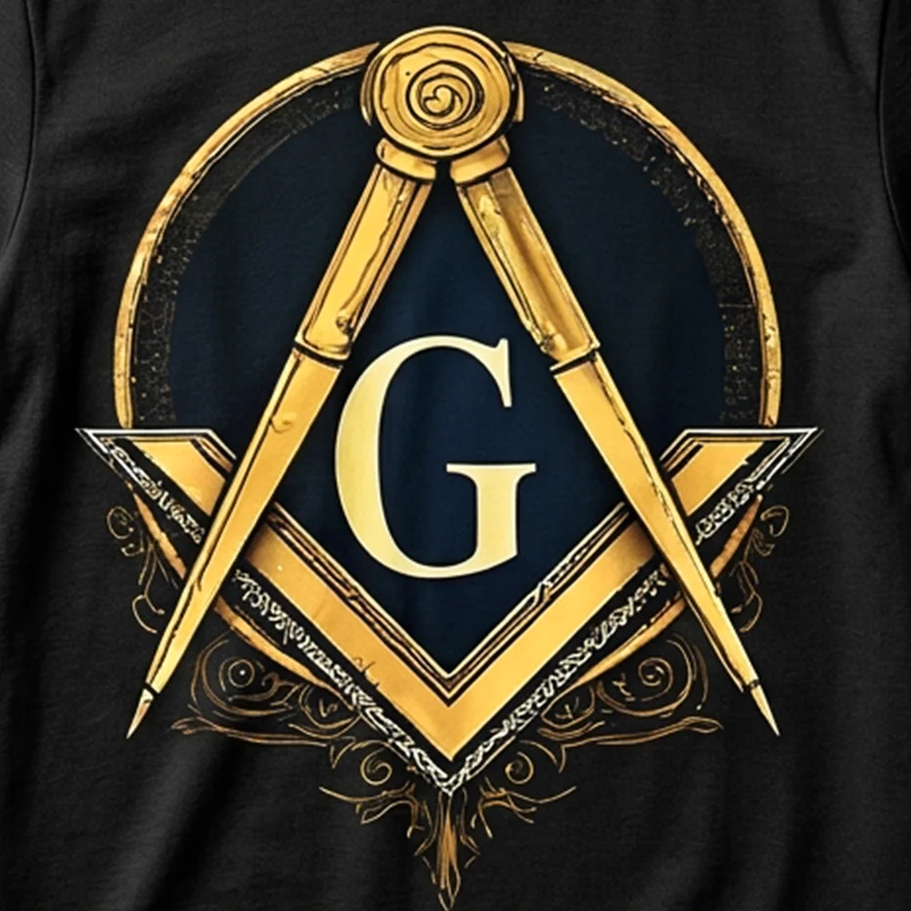 Close-up of the gold Square and G Freemason symbol on a black Masonic graphic T-shirt.