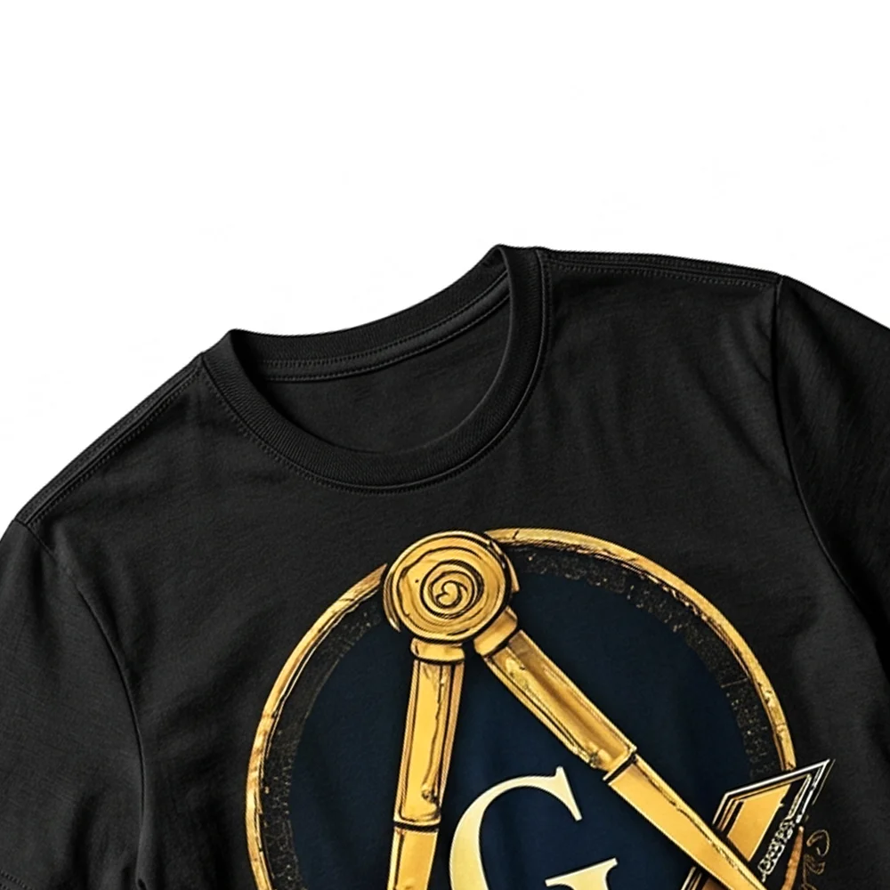 Custom black Masonic lodge T-shirt with gold Square and G Freemason symbol and personalized lodge lettering.