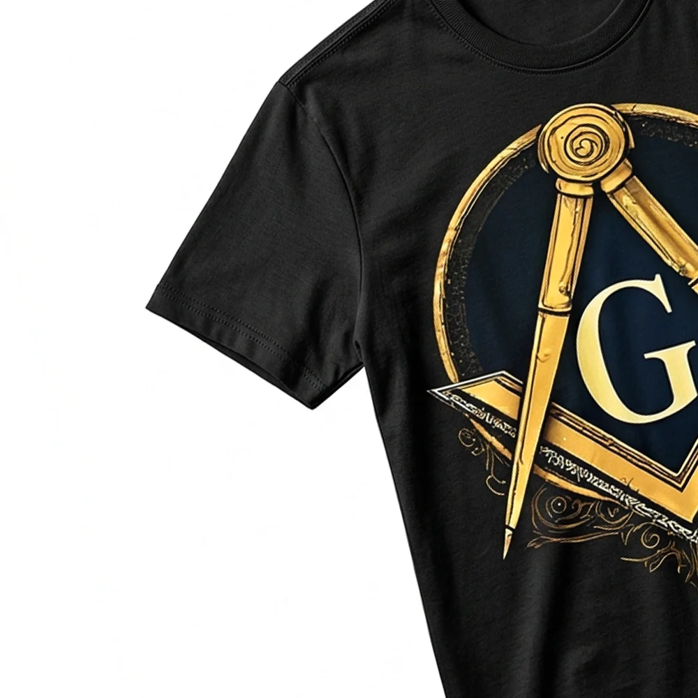 Black Freemason graphic T-shirt featuring a gold Square and G emblem for Masonic members and enthusiasts.