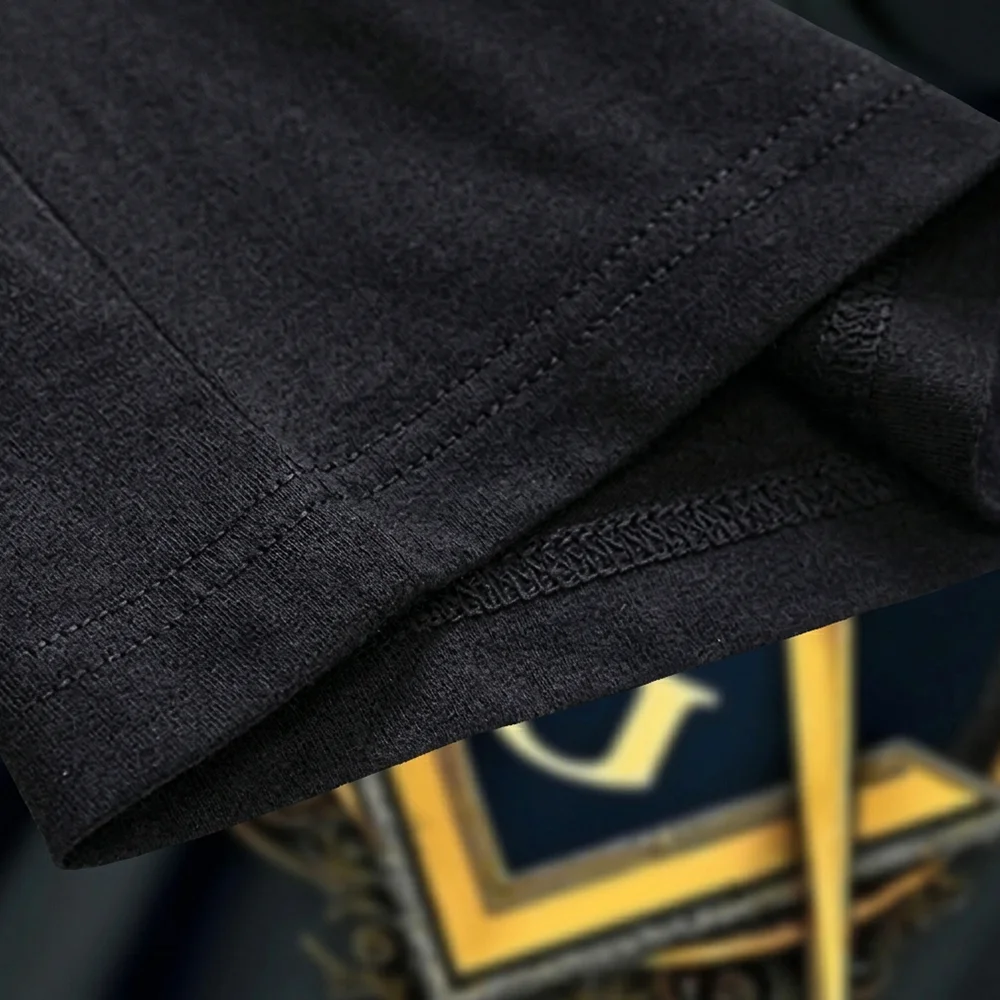 Black Masonic lodge shirt with gold Square and G print for Freemason meetings and social gatherings.
