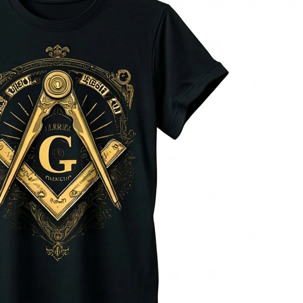 Custom Freemason T-Shirt featuring an intricate gold Square and Compass emblem for lodge members.