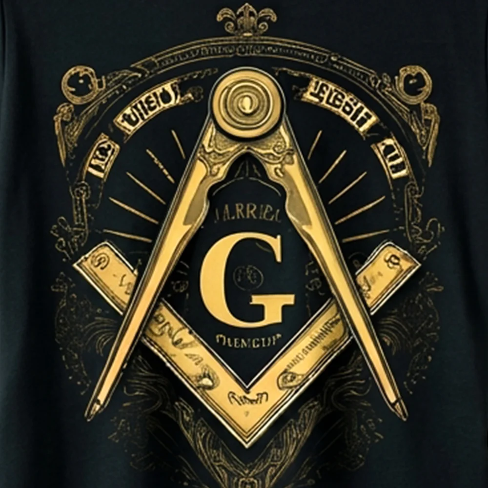 Gold Square and Compass T-Shirt design with intricate Masonic symbolism on a black shirt.