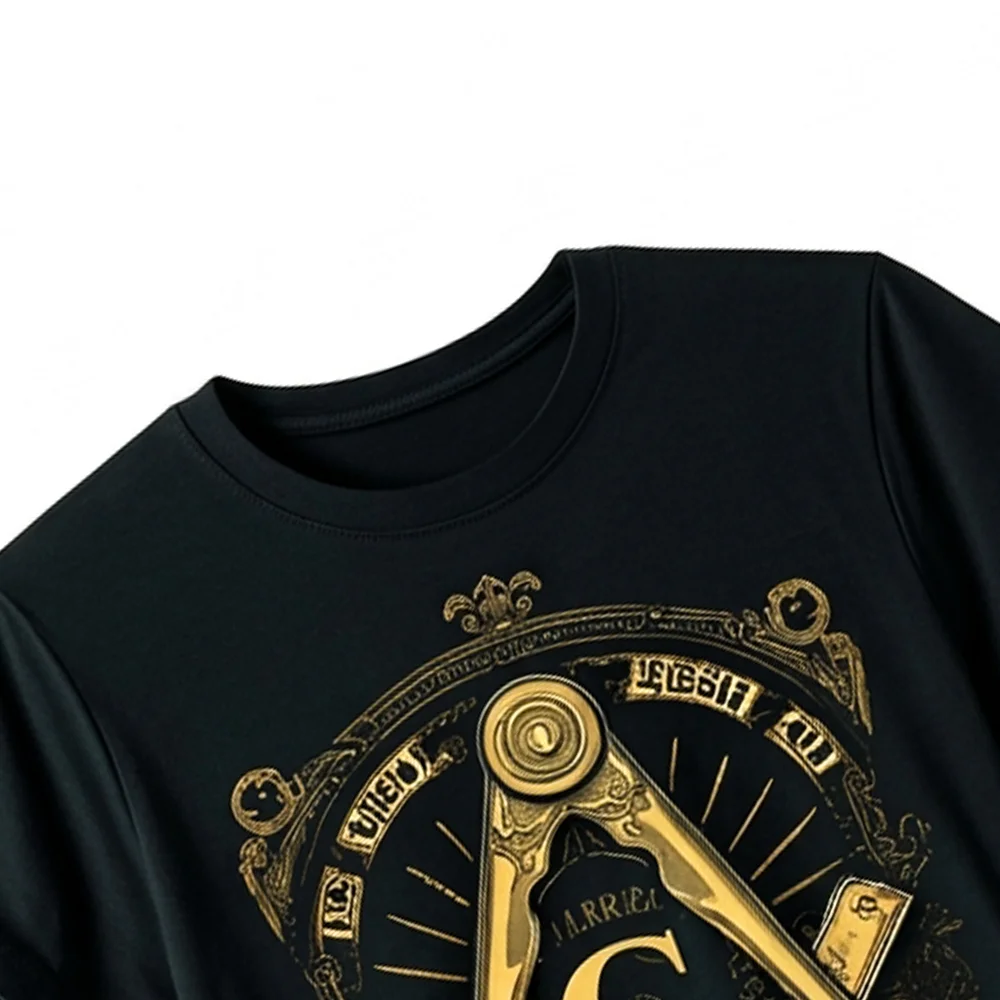 Freemason Square and Compass shirt featuring an intricate gold emblem and distinctive graphic design.